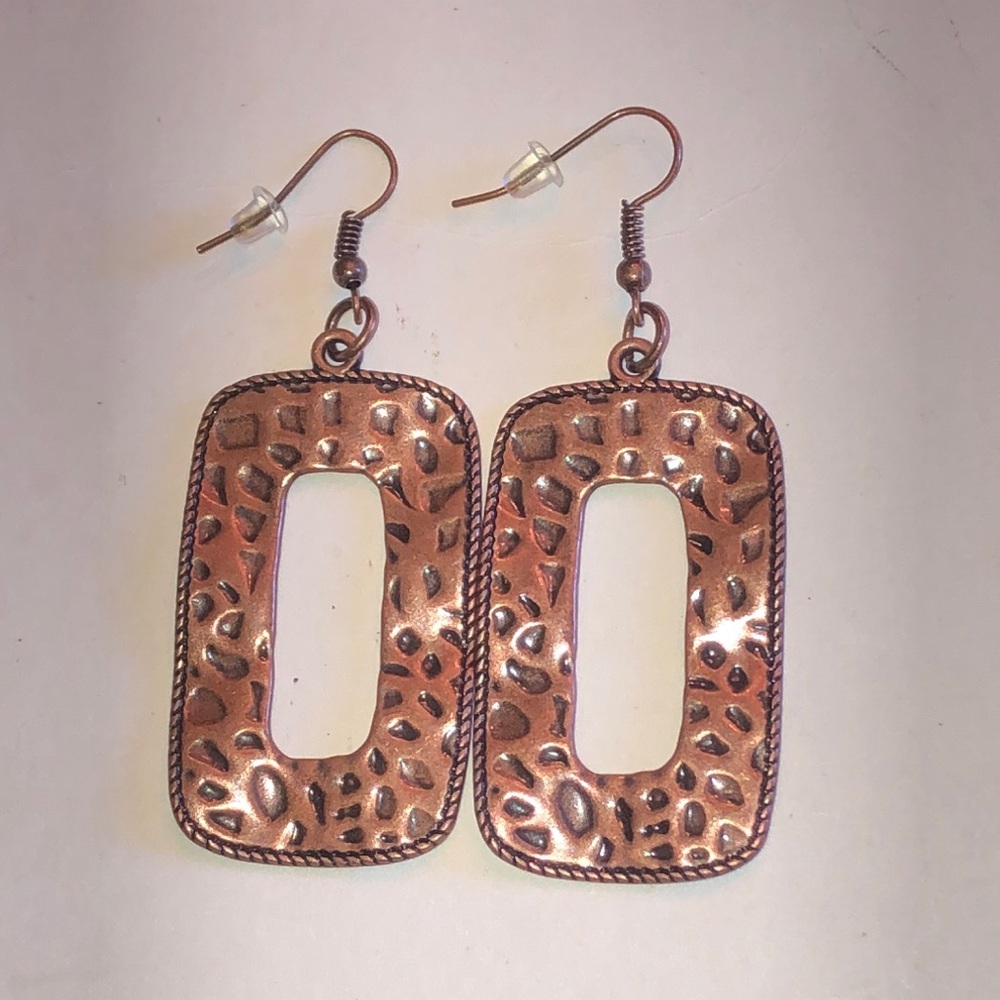 Copper Tone Textured Open Rectangle Dangle Earrings